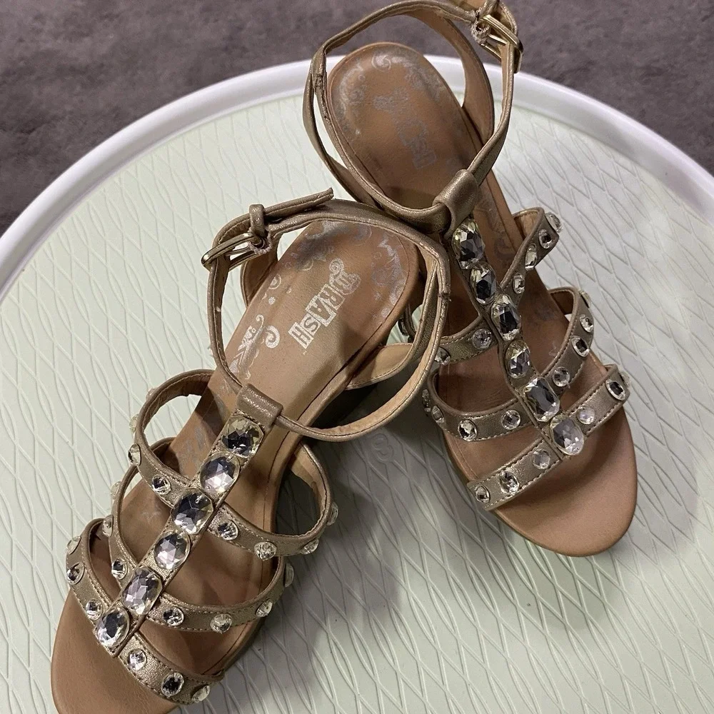 BRASH STRAPPY WEDGE HEELS SHOES SIZE 7‎ GOLD STRAPS WITH RHINESTONES 4